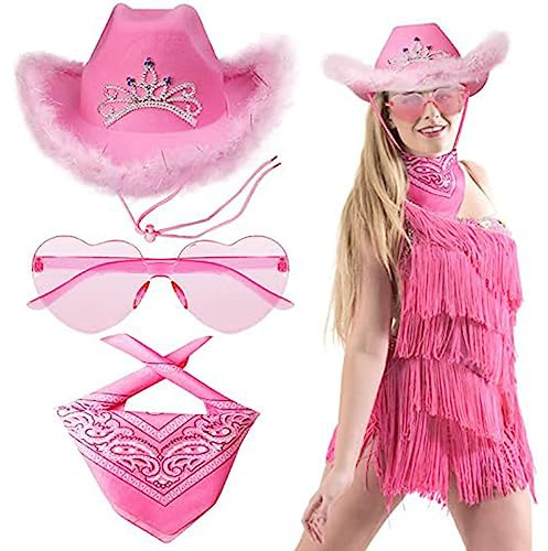 Campsie Cowboy Hut Rosa | Cowboy Hut Damen Rosa Glitzer | Wester Style Pink Cowboy Hut | Filz-Cowgirl-Hut Mit Feder-Bandana | Karneval Hut Herzbrille Kostümzubehör Partyhut Partybrille Accessoires