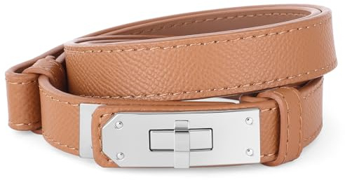 Swygoo Damen Ledergürtel, Mode Dünner Taillengürtel mit Zink Legierung -Twist Lock-Schnalle, Verstellbarer Damen-Taillengürtel für Jeans, Kleid, Hose, Hemd und Mantel (Silber, Karamell)