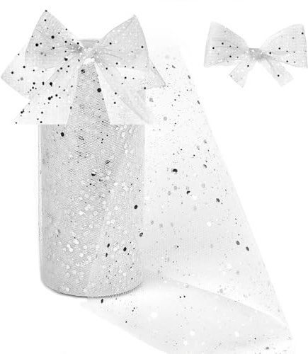 CAREDGO Glitzer Tüllband 15cm*30m Glitzertüll Stoff Tüll Rolle Dekostoff Weiß Glitzertüllstoff Tischband Stuhlbänder Tischedeko Tüllband mit kleine Pailletten für Hochzeit Party DIY Handwerk Geschenk