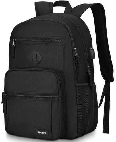 Schwarzer Rucksack für Damen & Herren – Leichter Schulrucksack für Jugendliche – Tagesrucksack mit USB-Ladeport für Laptop bis 15,6 Zoll – Alltags- und Reiserucksack mit Organizer-Fächern
