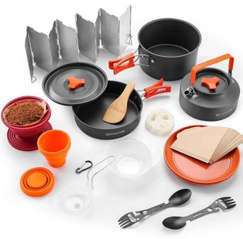 Wesqunie 20Pcs Camp Cooking Cookware Utensils Set - Backpacking Portable Kitchen Mess Kit with Camping Pot, Pan, Tea Kettle, Coffee Filter, Camping Essentials Accessories for Hiking Camping Outdoor