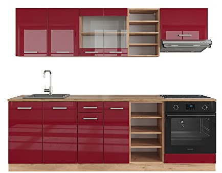 Vicco Küchenzeile R-Line, Rot Hochglanz/Goldkraft Eiche, 240 cm, AP Eiche
