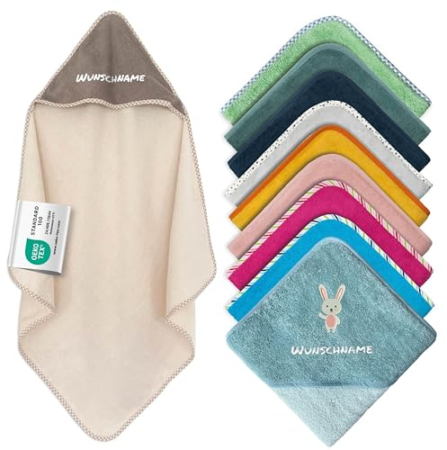 my STITCHERY Kapuzenhandtuch Baby mit Namen Bestickt, Oeko-TEX® Standard 100 - Personalisiertes Babyhandtuch mit Kapuze aus Reiner Baumwolle mit gesticktem Namen und Motiv (Hellbraun, 100 x 100 cm)