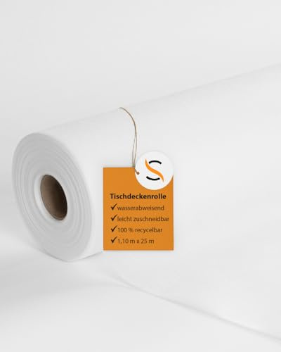 serviettendirekt.de ALLES FÜR DEN GEDECKTEN TISCH, wasserabweisend, Tischdeckenrolle PP-Vlies, 110 cm x 25 m, 1 Stück/Rolle, Rollenware, Tischdecke, Tischtuch, Meterware auf Rolle (Weiß PP-Vlies 25m)