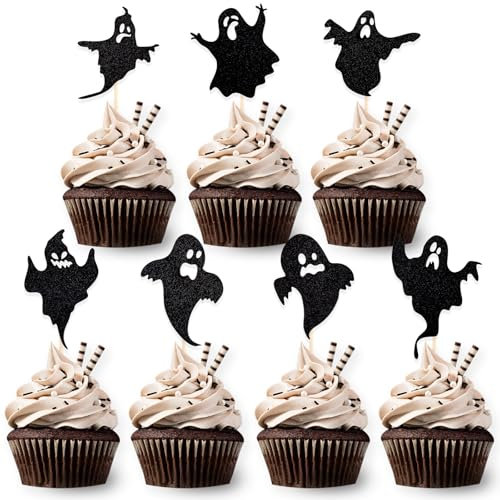 DazzJoy 28 Stück Halloween Cupcake Toppers - Glitzer Ghost, Tortendeko für Halloween Party & Kuchen - Schwarz