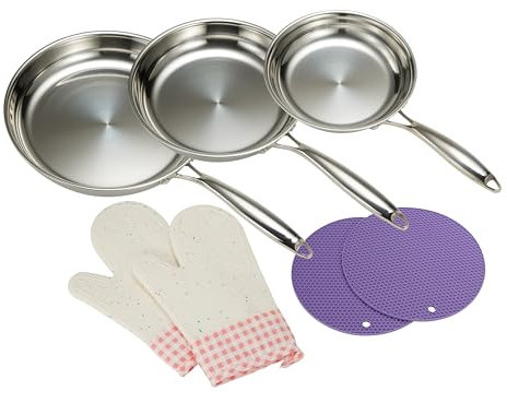 SanheKit Set di 3 padelle in acciaio inox professionale a tre strati, in acciaio inox da 8 a 10 – 12 pollici, lucidate a specchio, a induzione, padelle, in lavastoviglie e in forno.
