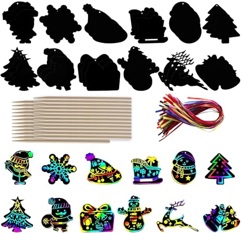 48-Teiliges Weihnachts Kratzpapier für Kinder, Regenbogenfarbenes Kratzpapier Magische Rubbelkarten Elchglocken Schneeflocken Kratzpapier für Weihnachtsfeierspiele Geburtstagsdekoration