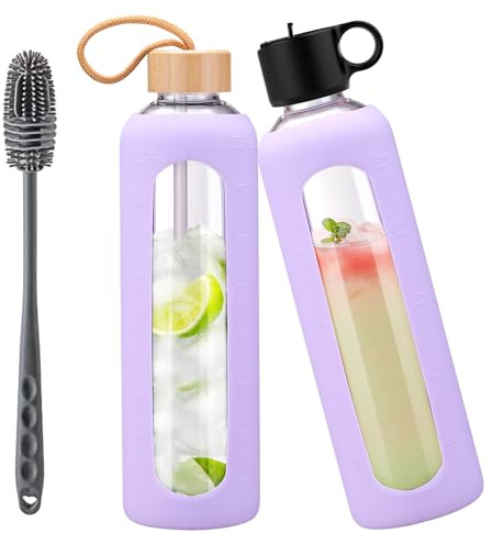 HYDRAGLAZIC 1Liter Trinkflasche aus Glas mit 2 Deckeln – Strohhalmdeckel, Bambusdeckel, Glasflasche mit Silikonhülle, Zeitmarkierung, Wasserflasche Glas für Kaltgetränke,Lila