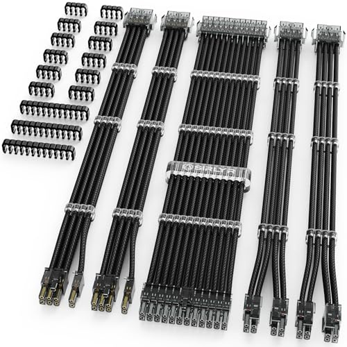 Sirlyr Lot de 2 rallonges d'alimentation pour PC 16 AWG 24 broches ATX x 1, 8 broches EPS x 2, 8 broches PCI-E plaquées or x 2, nylon tressé souple noir