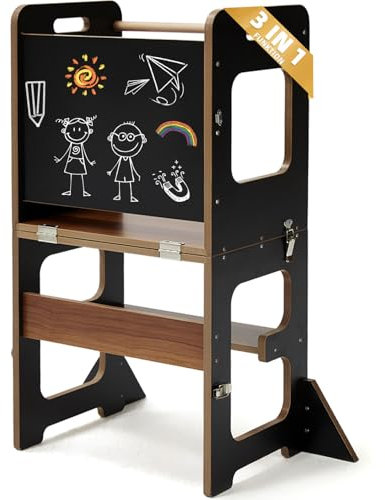 labebe Lernturm für Kinder, Montessori Learning Tower mit Tafel, 3 in 1 Klappbar Multifunktion Lernturm, Umkippschutz Lerntower Lernturm ab 1 Jahr-Schwarz