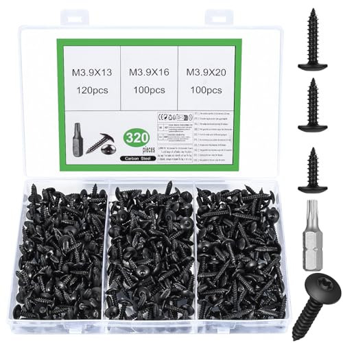 320 Stück Blechschrauben Selbstschneidende Schrauben, M3,9 Torx Schrauben Set, Schwarze Holzschrauben Torx Flachkopfschrauben, Linsenkopfschrauben Bohrschrauben für Holz Möbel, Mit Bit (M3,9)