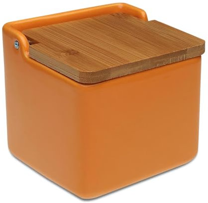 TIENDA EURASIA - Salero de Cocina de Cerámica | Tapa Abatible de Bambú | Salero | Medida 12 x 12 x 11 cm | Saleros Originales (Naranja)