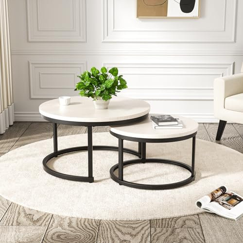 Hawthyhome 2 Stücke Beistelltisch Set rund, Couchtisch aus Holz mit Metallrahmen,Moderne Kaffeetische Satztische für Wohnzimmer Schlafzimmer Weiß