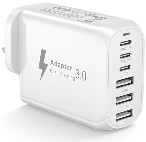 USB C Plug, 6-Port 60W Multiple USB Plug UK USB C Charger Plug Fast Charging Type C Fast Charger USb C Power Adapter for iPhone 17 16 15 14 13 12 11 Pro Max Plus XR XS 8 7 SE 6 5S,Samsung,iPad,AirPods