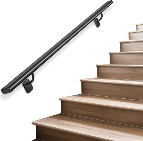 SDNBHT Industrial Stair Handrail Wall-Mounted Hand Rails for Indoor Stairs Black Pipe Stair Railing Indoor Metal Hand Rail for Indoor & Outdoor Steps Aluminum Staircase Handrail for Stairs 4FT