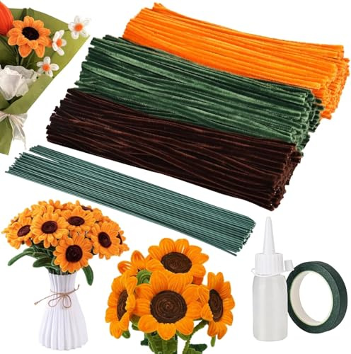 RONMOSNEA 550 Stück Pfeifenreiniger Blumen Set, Sonnenblumen Pfeifenputzer Blumen, Pfeifenreiniger Set, Pfeifenputzer zum Basteln, Pfeifenreiniger zum Basteln, (Grün, Gelb, Braun)