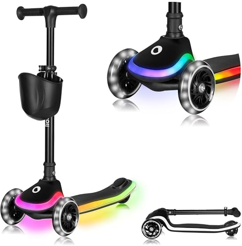 LIONELO MEY Kinder-Balance-Roller ab 3 Jahren bis 50 kg, dreirädriger Kinder-Roller mit Höhenverstellung, rutschfestes beleuchtetes Trittbrett und LED-Räder, Korb