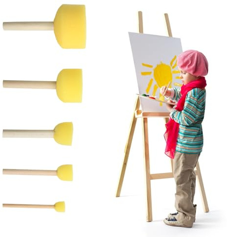 5 Pcs Foam Brush, Round Yellow Sponges Brush Set, Sponge Stippler Paint Tools with Wooden Handle, Washable Paint Brushs for Graffiti, Painting, DIY Crafts(5 Sizes)