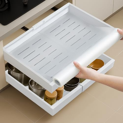 Tiroir Coulissant Adhésif Cuisine Blanc - Organiseur Placard avec Tapis Antidérapant - Rangement Extensible Gain de Place pour Étagère et Sous Évier