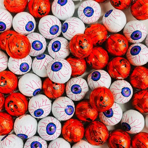 OYOY | 385 g Halloween Schokolade Kugeln | Kürbis und Augen | Milchschokolade mit Milchcremefüllung | Süßigkeiten für Halloweenparty & Kinder Mitgebsel