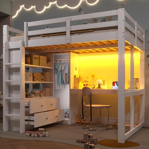 Kebnor Letto a soppalco 140 x 200 con 2 cassetti e ripiani, scrivania sotto il letto, luce LED e USB, bianco