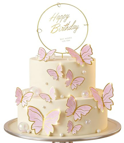 Pink Butterflies Cake Toppers, 11pcs Butterfly Cupcake Decorations with Metal Happy Birthday Topper, Pink Dream Butterflies Cake Topper for Women, Baby Shower, Happy Birthday Party Decorations
