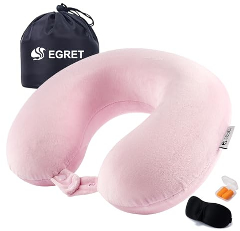EGRET Memory Foam Nackenkissen Reisen – Ergonomisches Nackenhörnchen für Flugzeug, Auto & Büro – Leicht & Kompakt mit Aufbewahrungsbeutel, Schlafmaske & Ohrstöpseln (Rosa)