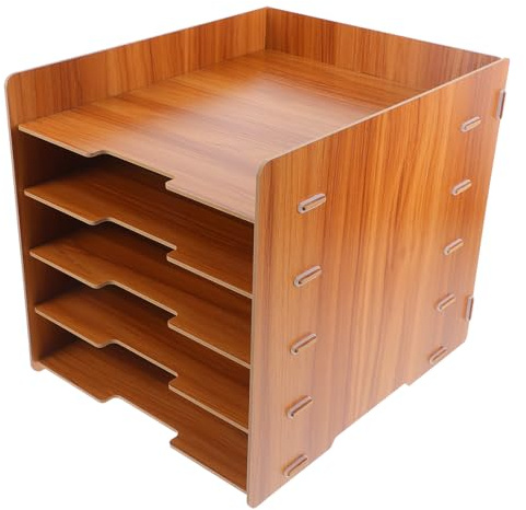 POPETPOP Organiseur de Dossiers de Bureau en Bois Multifonction 5 Niveaux Vertical, Trieur Hiérarchisé en Bois Noyer, Organiseur Documents pour Bureau et École