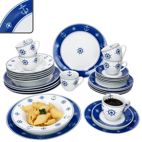 MamboCat Ahoi 30tlg Kombiservice I blau weißes Porzellan Geschirrset mit nautischem Dekor für 6 Personen I Je 6x Tassen, Untertassen, Kuchenteller, Suppenteller & Speiseteller