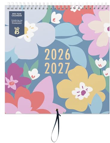 Busy B Family Wall Calendar Aug 2026-Aug 2027 - Floral Design | Family calendar with 5 columns, storage pockets, ribbon hanging loop & colour-coded stickers. Size 25.5 x 23.5cm.