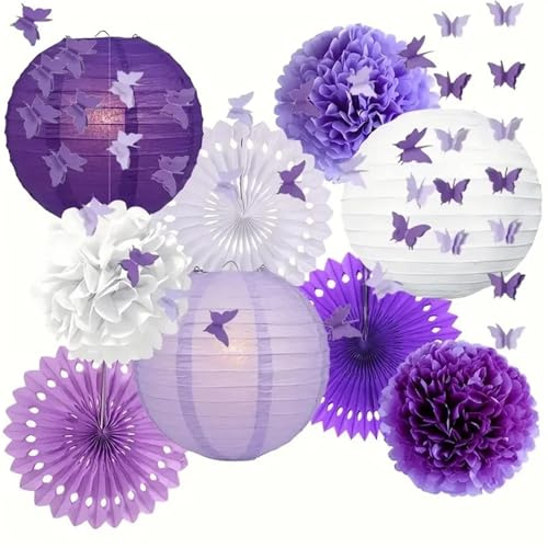 10 pezzi di lanterne carta viola, farfalle, ventagli pieghevoli lilla, decorazioni for compleanni, fiori pompon in tessuto, matrimoni da sposa Per Feste, Nozze, Compleanno, Festival