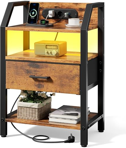 HLONONE Nachttisch mit Steckdose & LED, Beistelltisch mit Schublade