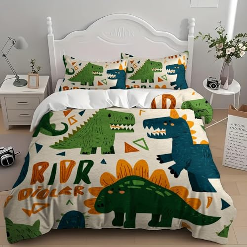Sängkläderna set tecknad film dinosaurietema påslakan 135 x 200 cm, mjuka strykfria mikrofiber påslakan set med dragkedja och 2 örngott, ljus färg påslakan 3 delar för barn