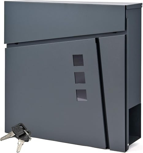 Briefkasten Postkasten mit Zeitungsfach und 3 Sichtfenster, 37 x 37 x 11 cm, Designer Wandbriefkasten Zeitungsrolle Modern, 2X Schlüssel und Namensschild, Anthrazit SN3681-1