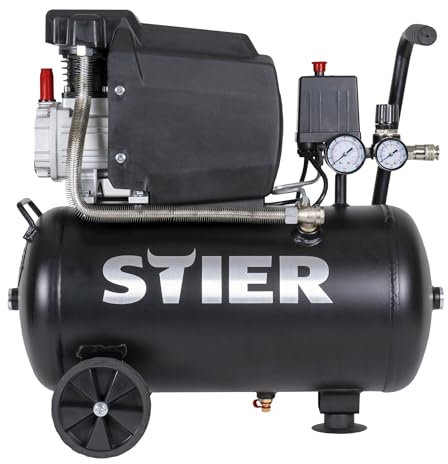 STIER Kompressor LKT 240-8-24, 1100 W, max. Druck 8 bar, 24 Liter Tank, 21 kg, geeignet für Anwendungen z.B. mit Ausblaspistolen, Farbspritzpistolen, Blindnietenpistolen