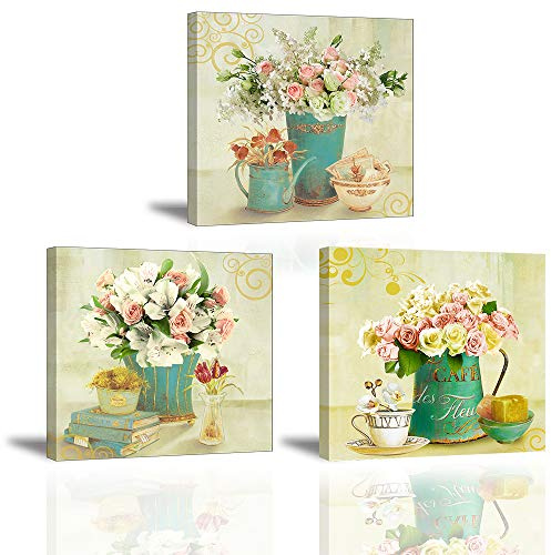 Piy Painting Leinwand Bilder, Rosen und Lilien, Blume Bilder, Gerahmt Kunstwerk Für Esszimmer Hause Moderne Dekoration, Fotobilder, 30x30cm, 3 Teilig