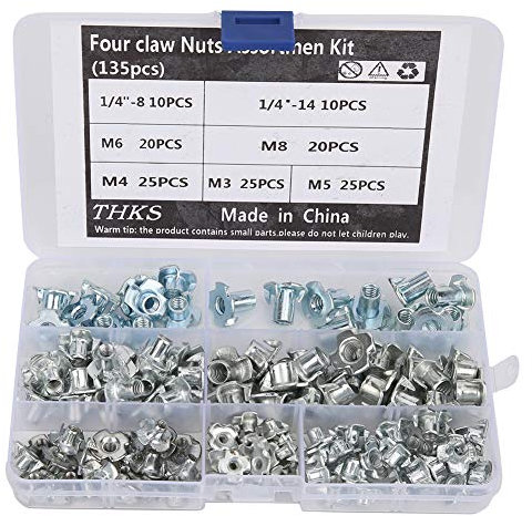 Kuuleyn Viti a Nastro, 135 Pezzi Kit assortimento di Dadi a Quattro griffe in Acciaio al Carbonio per Il Collegamento della Porta del Mobile