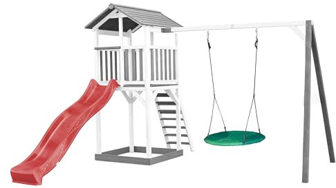AXI Beach Tower Wooden Play Tower in Grey and White | Play tower with sandpit, nesting swing and red slide | Play house on stilts for the garden
