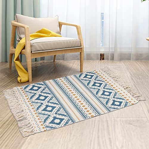 Morrowcamp Petit tapis bohème en coton tissé avec pompons, lavable, 90 x 60 cm, style rustique, bohème, vintage, pour cuisine, salle de bain, chambre, buanderie, entrée, intérieur