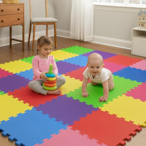 Soft Foam Exercise Floor Mats – Interlocking EVA Puzzle Tiles 30x30cm | Non-Slip Protective Gym Flooring for Home, Garage, Office, Kids Play, Yoga & Workout Studio (Multicolour, Pack of 36)