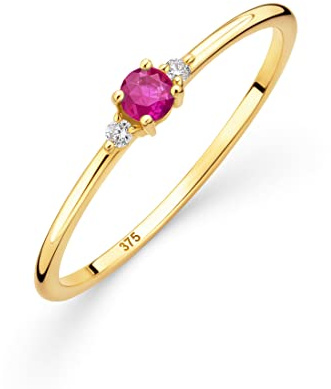 Orovi Damen Goldschmuck, Gold Ring mit Saphir/Amethyst/Rubin/Smaragd/Topas und 2 Diamanten 0.03 ct, Trilogie Ring, Verlobungsring, Edelstein, Gelbgold 9 Karat (375)