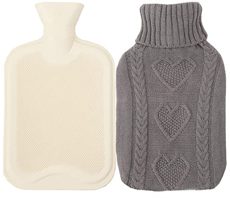 2L Groß Wärmflasche mit Fellbezug Strickbezug, PVC Wasser Tasche Wärmbeutel Bettflasche Wärmflaschen mit Bezug für Wärmehaltung Schmerzlinderung, Handwärmer für Kinder & Erwachsene, Gestricktes Grau B