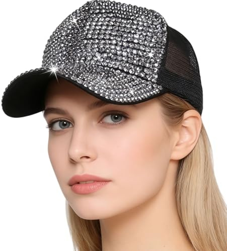 Women Bling Shiny Rhinestones Sun Visor hat mesh Breathable Cap Sparkle Bling Flag Cap Adjustable Baseball Cap (mesh-Silver&Gray)