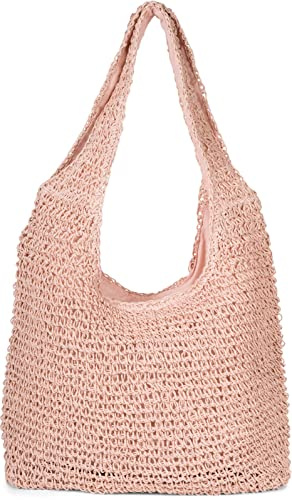 styleBREAKER Damen Beuteltasche Papierstroh Flecht | 42x34x6 cm Hauptfach mit Reißverschluss, kleines Innenfach, feste 63 cm lange Tragehenkel für die Schulter, Boho Style.