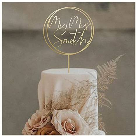 Pomchick - Script Initial Wedding Wooden Cake Topper 4mm thickness wood Elegant Gold Personalised with a letter Custom Engagement Decor CR3