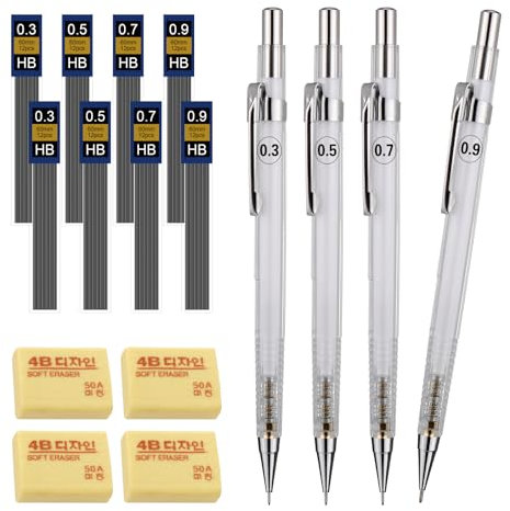 JIANTA 4 Druckbleistifte 0,3, 0,5, 0,7, 0,9 mm, mechanische Bleistifte mit 96 HB, auswechselbare Mine und 4 Ersatzradiergummis
