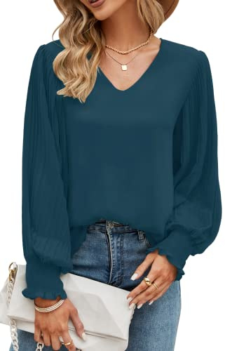 Odosalii Blouses for Women UK Sexy V Neck Shirts Fashion Solid Tops Long Sleeve Tunic Relaxed Fit Jumpers Elegant Chiffon Blouse Tops to Wear with Leggings Deep Teal