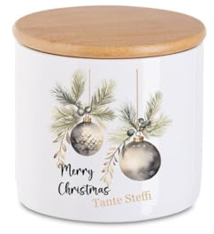 minimutz Vorratsdose Kekse Weihnachten Kinder mit Namen | Personalisierte Keksdose Keramik mit Deckel | Plätzchendose mit Christbaumkugeln Weihnachten Nikolaus S (9.5x10x10cm)