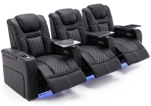 More4Homes BROADWAY HOME THEATER RECLINER SOFA | AIR LEATHER, POWER HEADREST, POWER RECLINER, AMBIENT LIGHTING, CUP HOLDERS CINEMA ARMCHAIR SOFA CHAIR (Black/White without Tray, 3 Seater)