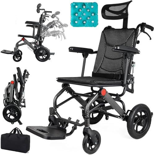 Super Lightweight Reclining Travel Wheelchair, Folding Transit Transport Wheelchairs for Adults and Seniors Support 220lbs, Lightweight Aluminum Wheelchair for Elderly